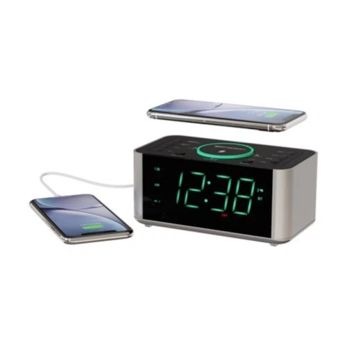 Emerson Wireless Charging Alarm Clock Radio with Bluetooth, USB Charger