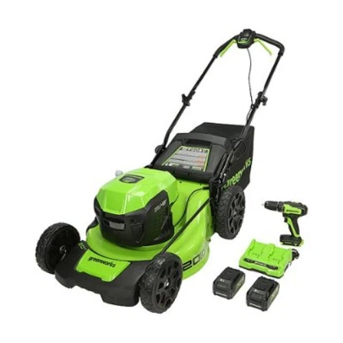 Greenworks 2 x 24V (48V) 20 in Brushless Push Mower (2) 4Ah USB Batteries + Dual Port Rapid Charger + 24V Brushless Drill / Driver