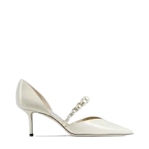 Jimmy Choo Aurelie 65 Latte Patent Leather Pointed Pumps with Pearl Embellishment