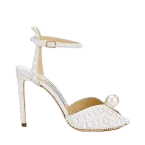 Jimmy Choo Sacora 100 White Satin Sandals with All Over Pearls