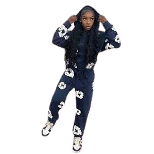 Jurllyshe Floral Pattern Print Hoodie Top With Street Style Pants Set