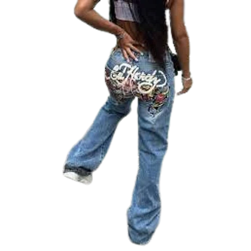 Jurllyshe Mid Waist Pattern Print Fashion Wide Leg Denim Pants