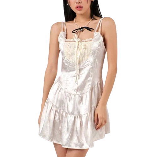 Lewkin Coquette Square Neck Lace Mini Dress 