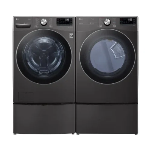 LG LGWADRGB42003 Side-by-Side on Pedestals Washer & Dryer Set with Front Load Washer and Gas Dryer in Black Steel