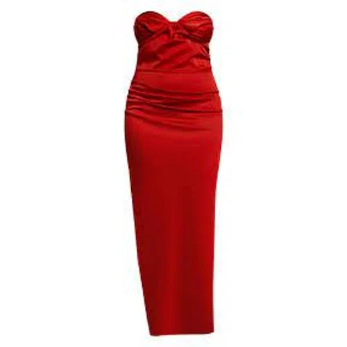 PrettyLittleThing Plus Red Satin Ruched Bust Side Split Maxi Dress