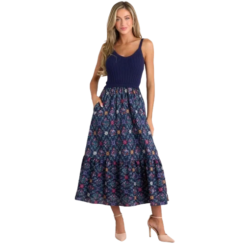Red Dress Meadow Mist Navy Floral Print Sweater Maxi Dress