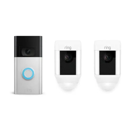 Ring Satin Nickel Wired and Wireless Video Door Bell with Spotlight Cam Battery, White (2-Pack)