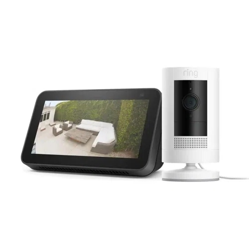 Ring Stick Up Camera Plug-In Indoor/Outdoor Standard Security Camera in White with Echo Show 5
