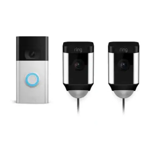 Ring Wired and Wireless Video Door Bell-Satin Nickel with Spotlight Cam Wired- Black (2-Pack)