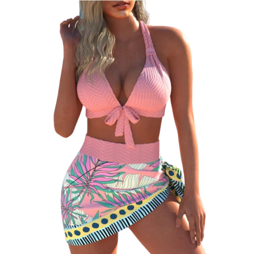 Rotita Bowknot Leaf Print Bikini Set