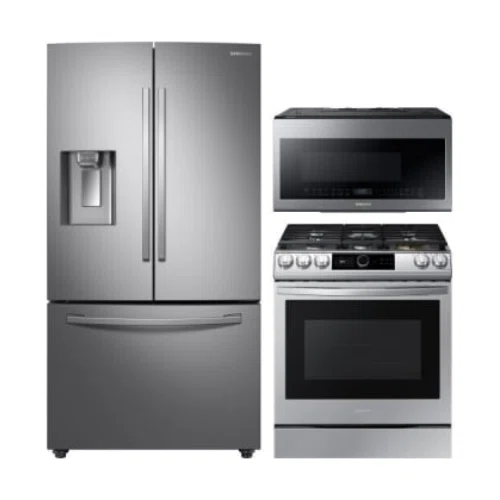 Samsung 3 Piece Kitchen Appliances Package with French Door Refrigerator, Gas Range and Over the Range Microwave