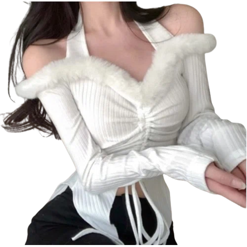 Kawaii Balletcore Coquette Fur Lined Off Shoulder Drawstring Top