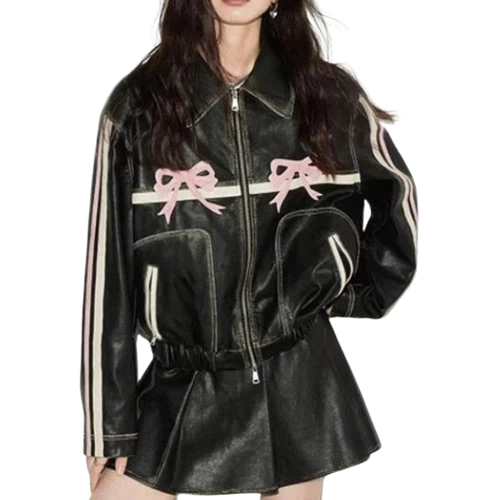 Kawaii Aesthetic Coquette Womens Pink Bow Leather Jacket