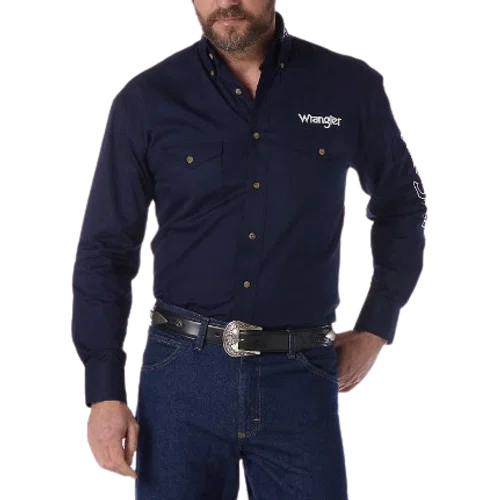 Wrangler Logo Long Sleeve Button Down Solid Shirt